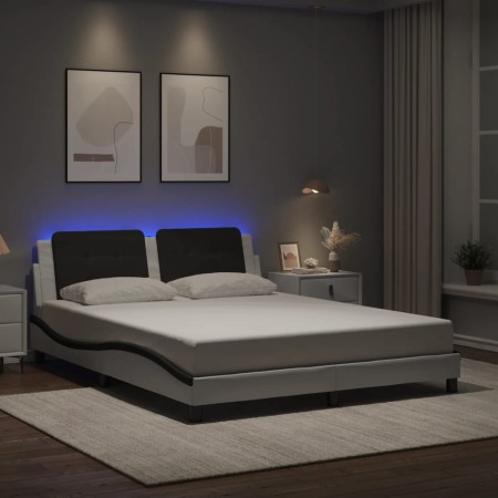 Estructura de cama con luz LED cuero PE blanco negro 160x200 cm