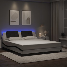 Estructura de cama con luz LED cuero PE blanco negro 180x200 cm