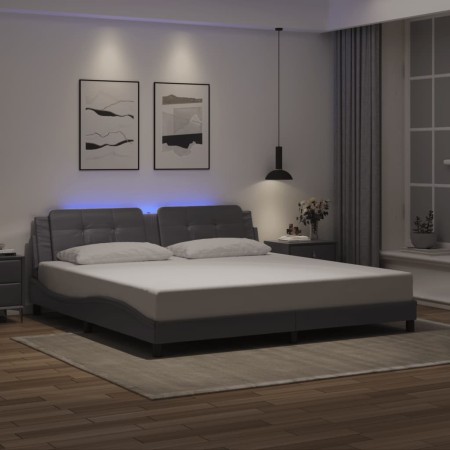 Estructura cama con luces LED cuero sintético gris 200x200 cm