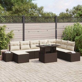 Conjunto de sofá de jardín con cojín 9 pcs Marrón y crema