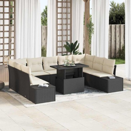 Conjunto de sofá de jardín con cojín 10 pcs Negro y crema