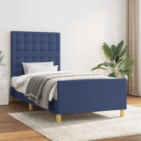 Bed frame with blue fabric headboard 90x200 cm by vidaXL, Beds and slatted bases - Ref: Foro24-3125355, Price: 150,42 €, Disc...