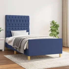 Bed frame with blue fabric headboard 90x190 cm by vidaXL, Beds and slatted bases - Ref: Foro24-3125266, Price: 169,27 €, Disc...