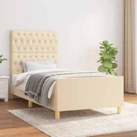 Estructura de cama con cabecero de tela color crema 100x200 cm