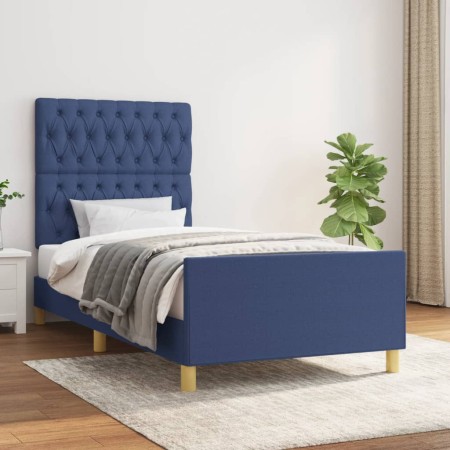 Bed frame with blue fabric headboard 100x200 cm by vidaXL, Beds and slatted bases - Ref: Foro24-3125282, Price: 149,63 €, Dis...