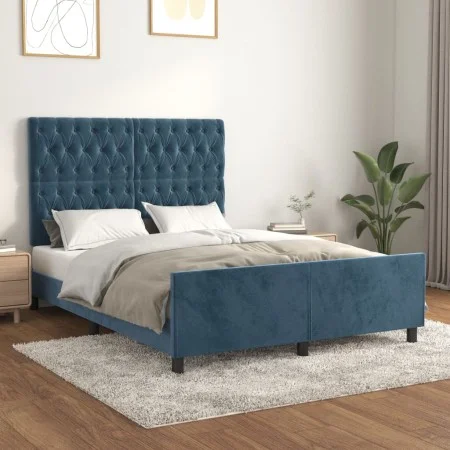 Dark blue velvet bed frame with headboard 140x200 cm by vidaXL, Beds and slatted bases - Ref: Foro24-3125944, Price: 232,26 €...
