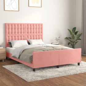 Estructura de cama con cabecero de terciopelo rosa