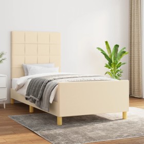 Estructura de cama con cabecero de tela color crema 90x200 cm