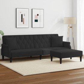 Sofá cama de 2 plazas con almohadas y taburete terciopelo negro Sofá cama de 2 plazas con almohadas y taburete terciopelo negro