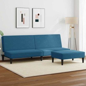 Sofá cama de 2 plazas con taburete terciopelo azul Sofá cama de 2 plazas con taburete terciopelo azul
