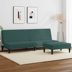 Sofá cama de 2 plazas con taburete terciopelo verde oscuro