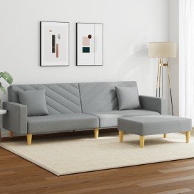 Sofá cama de 2 plazas con almohadas y taburete tela gris claro Sofá cama de 2 plazas con almohadas y taburete tela gris claro