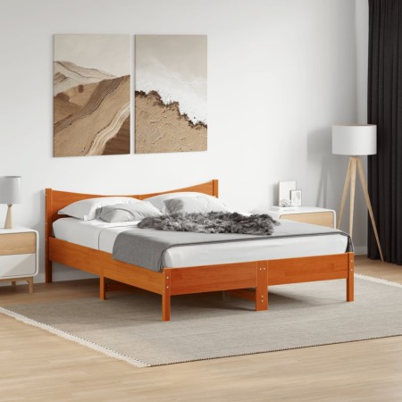 Cama sin colchón madera maciza de pino marrón cera 160x200 cm
