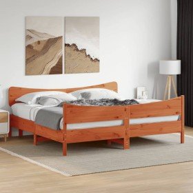 Cama sin colchón madera maciza de pino marrón cera 200x200 cm Cama sin colchón madera maciza de pino marrón cera 200x200 cm