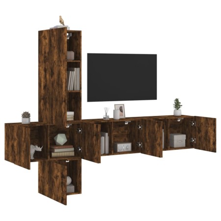 Muebles de TV de pared 5 pzas madera ingeniería roble ahumado