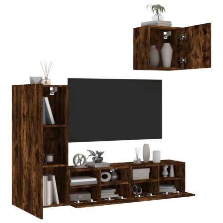 Muebles de TV de pared 4 pzas madera ingeniería roble ahumado