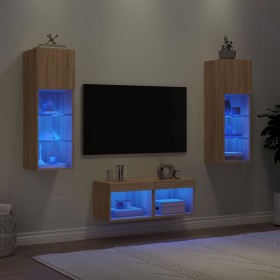 Muebles de TV de pared con luces LED 4 piezas roble Sonoma