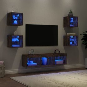 Muebles TV pared con LED 7 pzas madera ingeniería roble ahumado Muebles TV pared con LED 7 pzas madera ingeniería roble ahumado