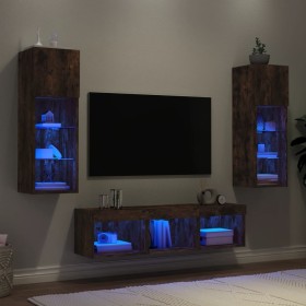 Muebles TV pared con LED 5 pzas madera ingeniería roble ahumado
