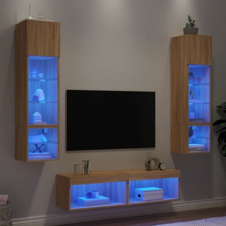 Muebles TV pared con LED 6 pzas madera ingeniería roble Sonoma