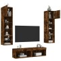 Muebles TV pared con LED 6 pzas madera ingeniería roble ahumado