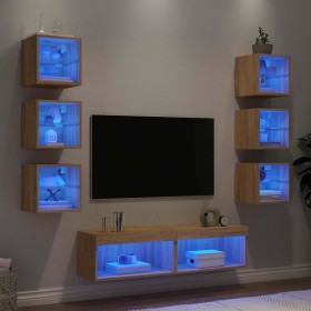 Muebles TV pared con LED 8 pzas madera ingeniería roble Sonoma