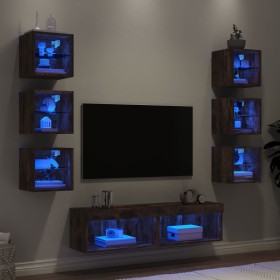 Muebles TV pared con LED 8 pzas madera ingeniería roble ahumado