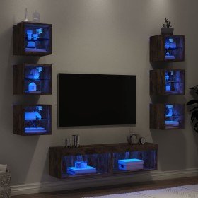 Muebles TV pared con LED 8 pzas madera ingeniería roble ahumado