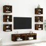 Muebles TV pared con LED 8 pzas madera ingeniería roble ahumado