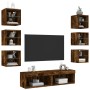Muebles TV pared con LED 8 pzas madera ingeniería roble ahumado