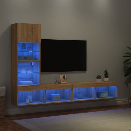 Muebles TV pared con LED 4 pzas madera ingeniería roble Sonoma