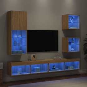 Muebles TV pared con LED 5 pzas madera ingeniería roble Sonoma en Muebles TV | Comprar online en Foro24
