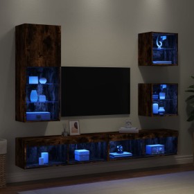Muebles TV pared con LED 5 pzas madera ingeniería roble ahumado