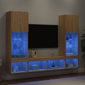 Muebles TV pared con LED 5 pzas madera ingeniería roble Sonoma