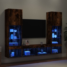 Muebles TV pared con LED 5 pzas madera ingeniería roble ahumado