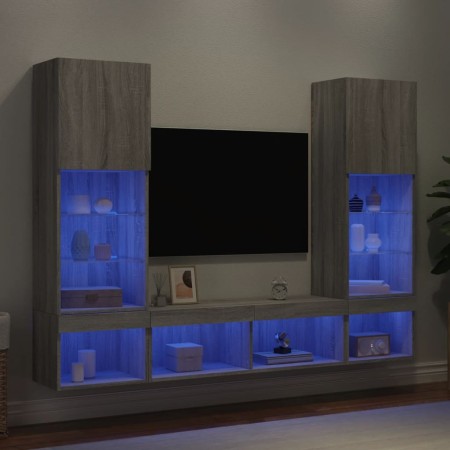 Muebles TV pared con LED 5 pzas madera ingeniería gris Sonoma