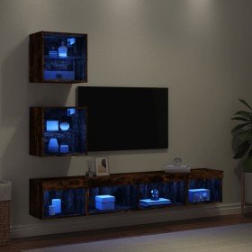 Muebles TV pared con LED 5 pzas madera ingeniería roble ahumado Muebles TV pared con LED 5 pzas madera ingeniería roble ahumado