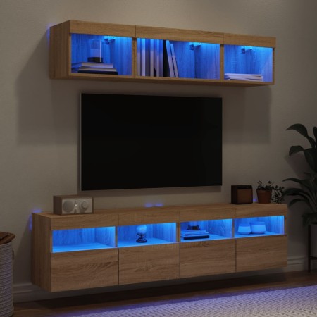 Muebles TV pared con LED 5 pzas madera ingeniería roble Sonoma