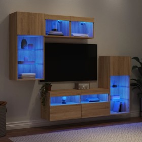 Muebles TV pared con LED 5 pzas madera ingeniería roble Sonoma