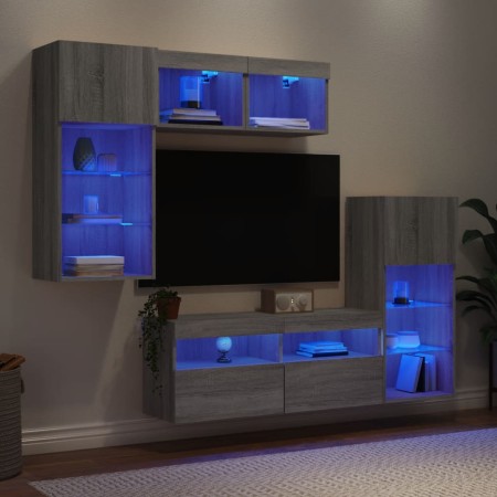 Muebles TV pared con LED 5 pzas madera ingeniería gris Sonoma
