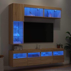 Muebles de TV de pared con luces LED 7 piezas roble sonoma