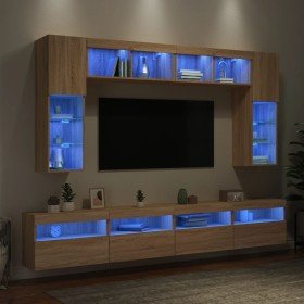 Muebles de TV de pared con luces LED 8 piezas roble sonoma