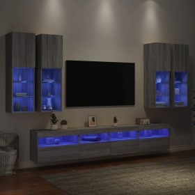 Muebles de TV de pared con luces LED 7 piezas gris sonoma