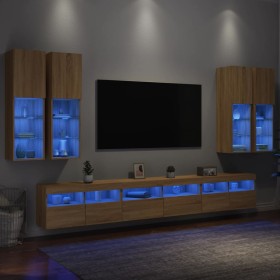 Muebles de TV de pared con luces LED 7 piezas roble sonoma