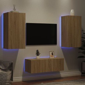 Muebles TV pared con LED 4 pzas madera ingeniería roble Sonoma