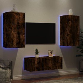 Muebles TV pared con LED 4 pzas madera ingeniería roble ahumado Muebles TV pared con LED 4 pzas madera ingeniería roble ahumado