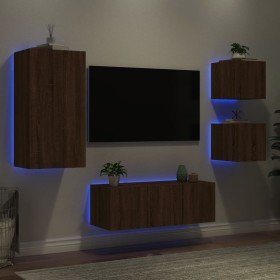 Muebles TV pared con LED 5 pzas madera ingeniería marrón roble Muebles TV pared con LED 5 pzas madera ingeniería marrón roble