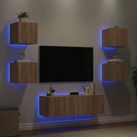Muebles de TV de pared con luces LED 5 piezas roble Sonoma