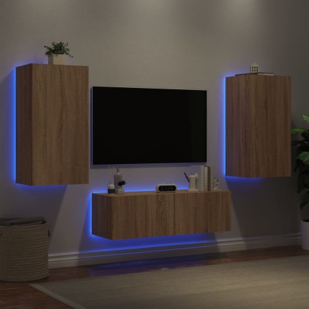 Muebles de TV de pared con luces LED 3 piezas roble Sonoma