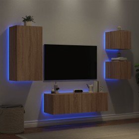 Muebles de TV de pared con luces LED 4 piezas roble Sonoma